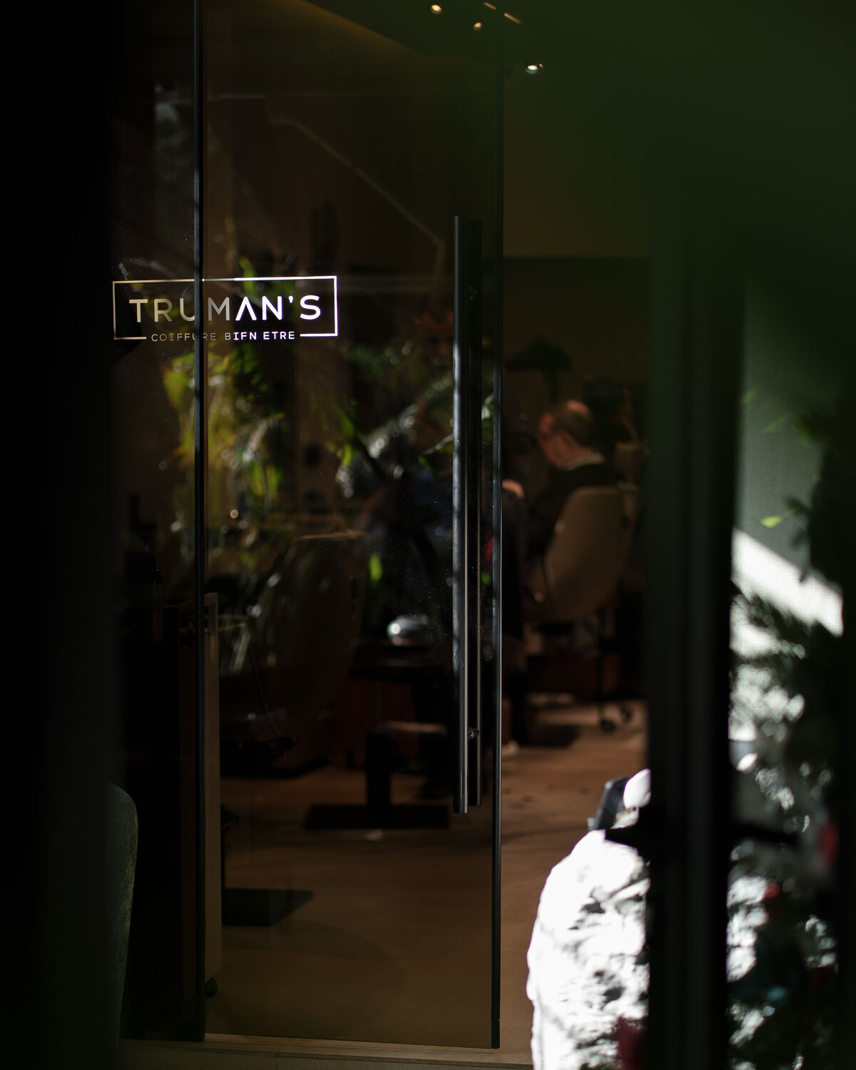 The storefront at dusk